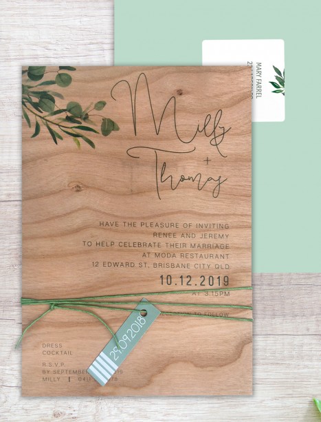 Printed on wood! eucalypt fresh invitation