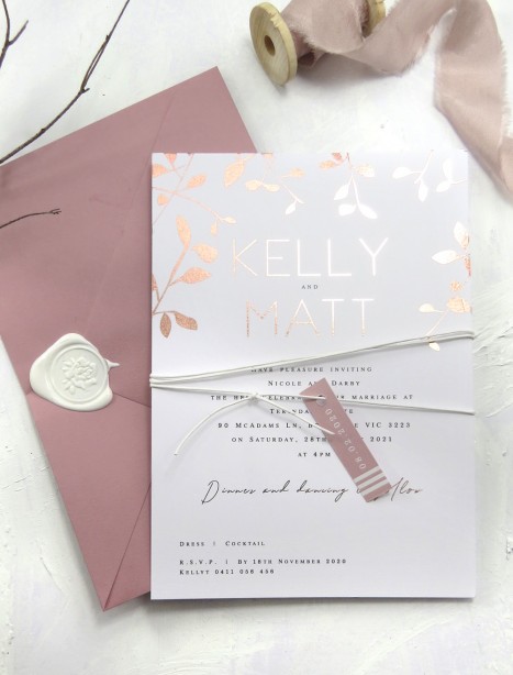 metallic rose gold and gold foiled autumn leaves invitation