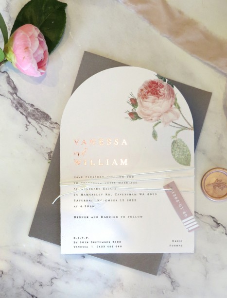 the rose wedding invitation rose gold + arch