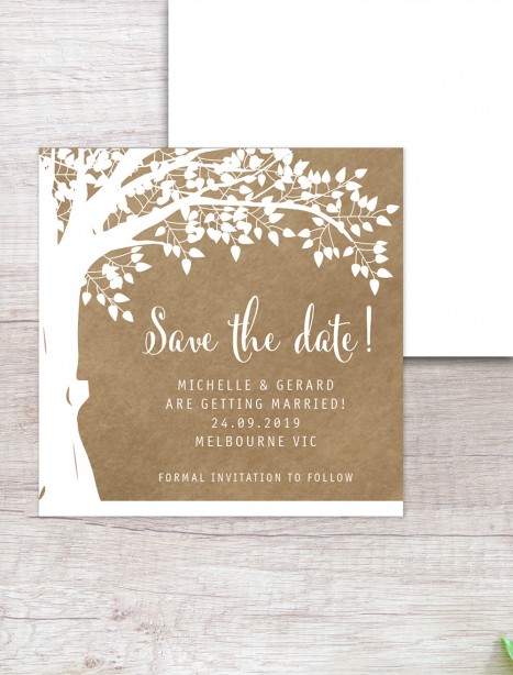 Under the oak save the date white ink on kraft