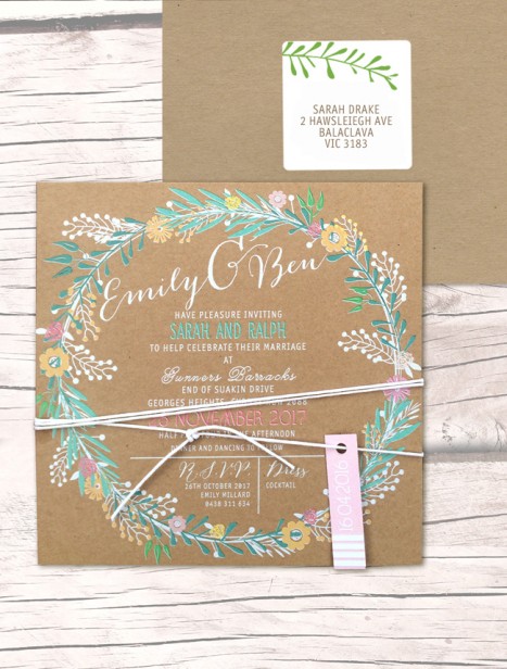 charmed white ink - colour on kraft invitation