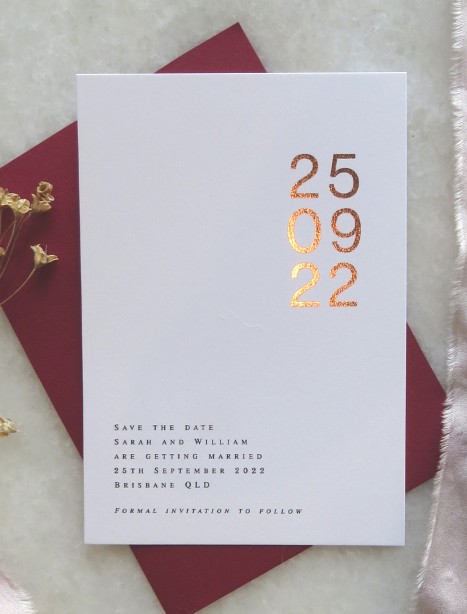 save the date! metallic gold and rose gold san serif