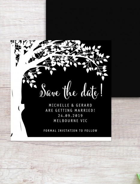 under the oak save the date white ink on black