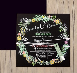 charmed white+colour on black invitation