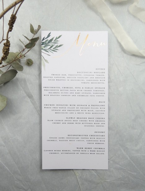 metallic rose gold and gold foil rules of attraction menu