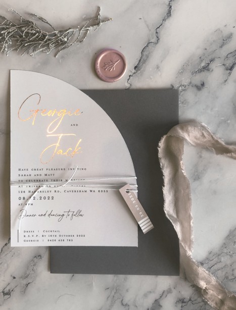 half moon arch rose gold georgia wedding invitation