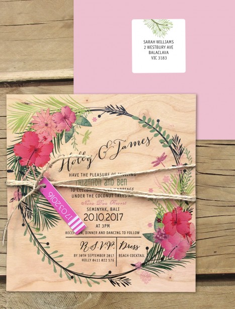 Tropical paradise invitation printed on wood!