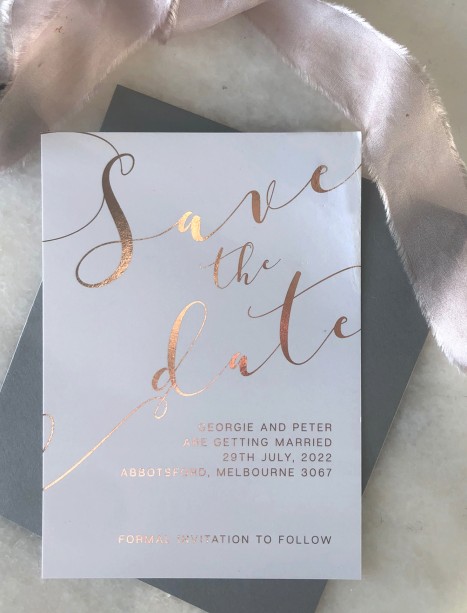 save the date metallic foil rose gold and gold romantics
