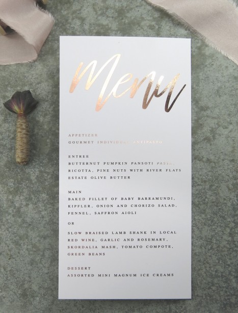 metallic rose gold and gold foil! Santa fe menu