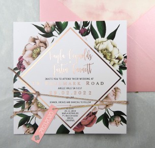 Metallic rose gold foil! vintage peonie invitation