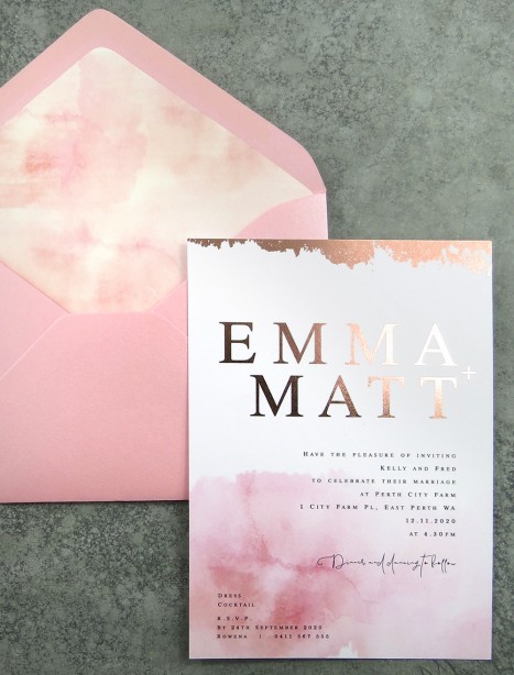 metallic rose gold foil! blushed watercolour invitation