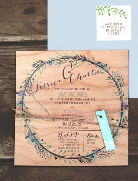 printed on wood! circle of blossoms invitation