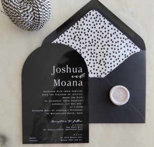 black acrylic arch cinnamon wedding invitation