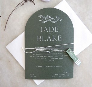 arch + white ink sage invitation