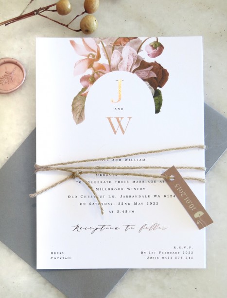 earthy floral metallic rose gold wedding invitation