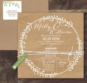 rustic leaf wreath white ink on kraft invitation