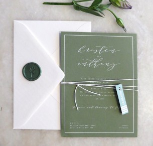J'Adore white ink on colour wedding invitation