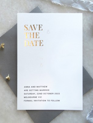 save the date! earnest rose gold and gold foil