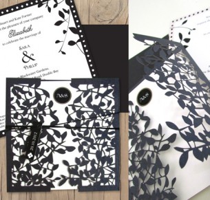 leafy affair black laser cut invitation