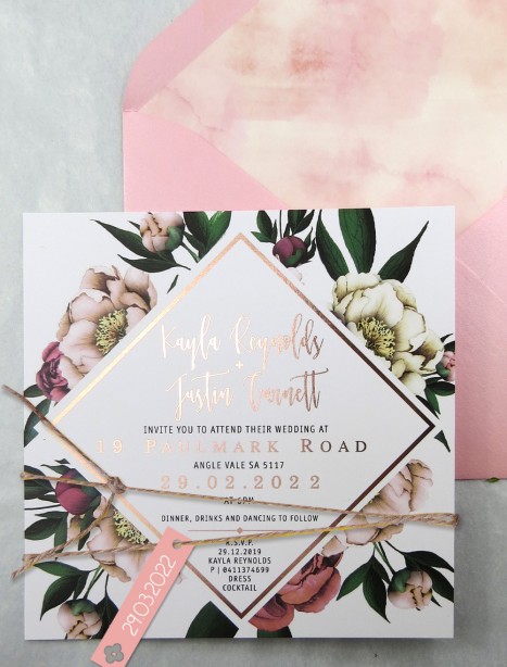 Metallic rose gold foil! vintage peonie invitation