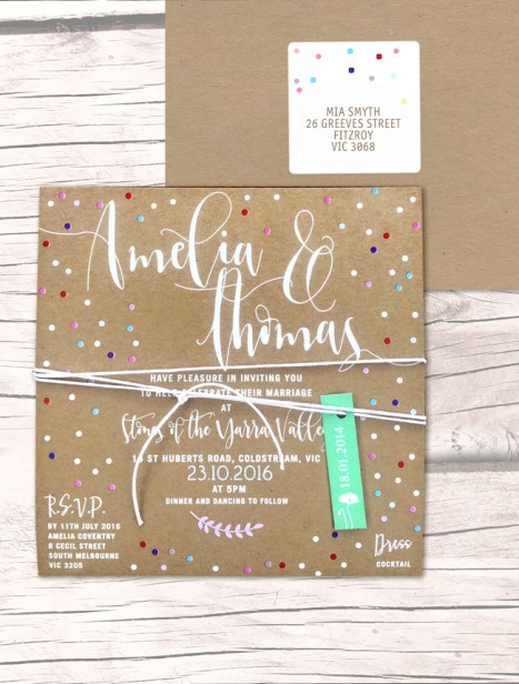 Dream dust white+colour on kraft invitation