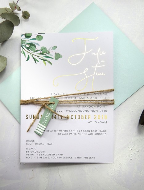 Gold foil eucalyptus fresh invitation