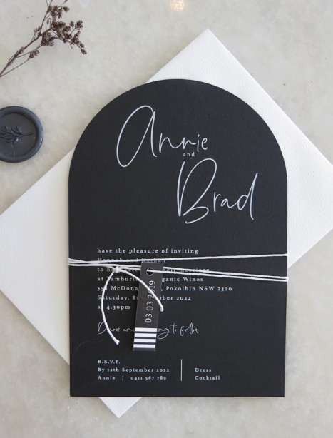 arch + white ink  the brad invitations black