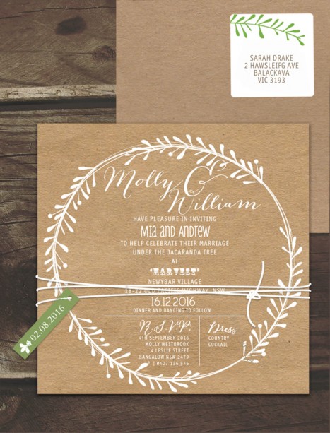 rustic leaf wreath white ink on kraft invitation