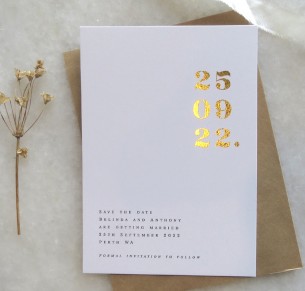 save the date! metallic gold and rose gold numero uno