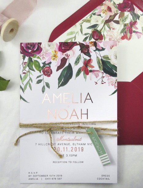 metallic Rose gold and gold foil bordeaux invitation