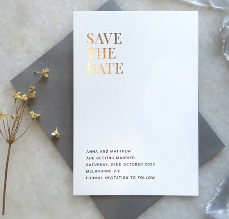 save the date! earnest rose gold and gold foil
