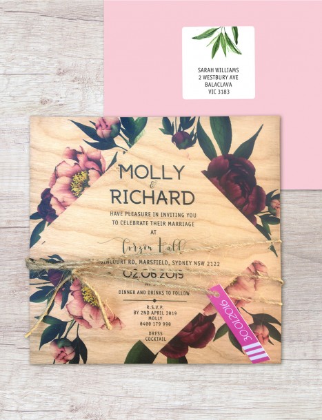 Printed on wood! Vintage peonie invitation