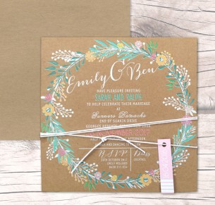 charmed white ink - colour on kraft invitation