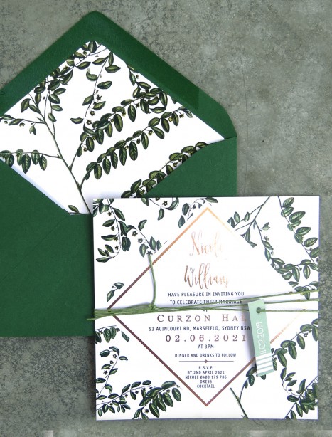 Metallic rose gold and gold foil! Greenery pop invitation