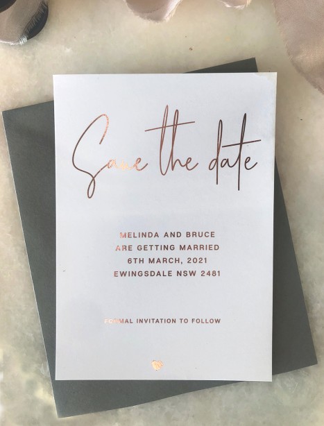 save the date flirtation metallic rose gold foil