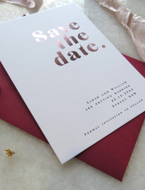 save the date! metallic rose gold pure invitation