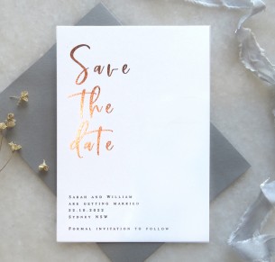 save the date! sweetie rose gold and gold foil