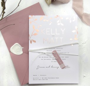 metallic rose gold and gold foiled autumn leaves invitation