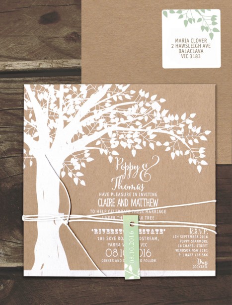 white ink on kraft - under the oak invitation