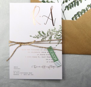 Metallic rose gold and gold foil grace in love invitation