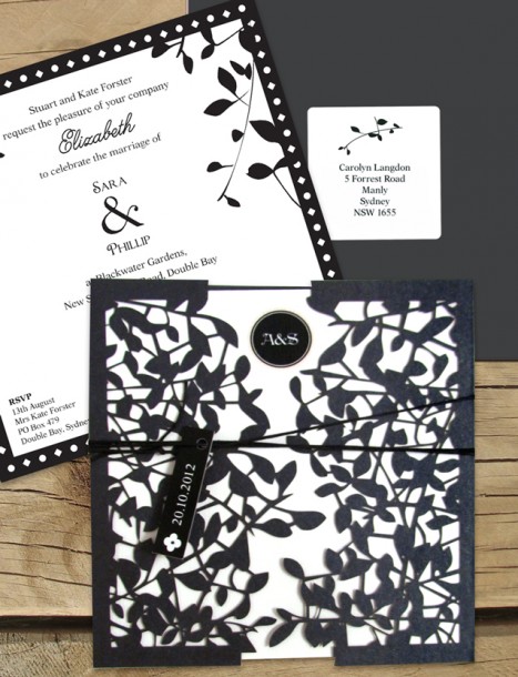 leafy affair black laser cut invitation