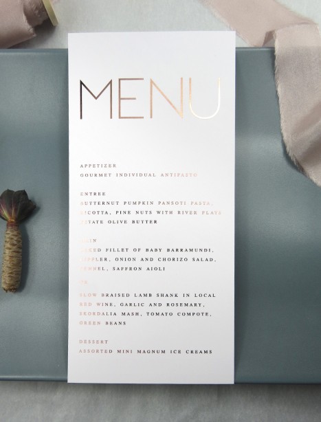 metallic rose gold and gold foil helsinki menu