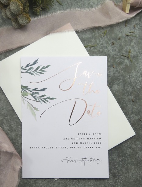 Save the date rose gold and gold metallic foil rules of attraction