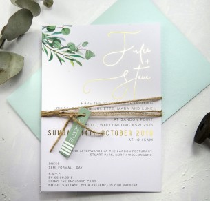 Gold foil eucalyptus fresh invitation