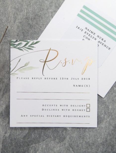 gold and rose gold foil! Rules of attraction rsvp card