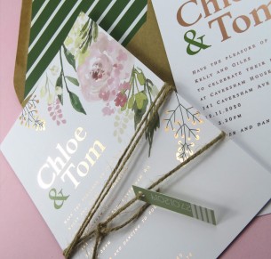 metallic rose gold foil Spring has sprung invitation