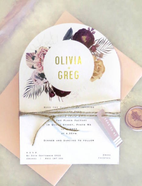 thumberlina in burgandy and rose gold + gold arch invitation