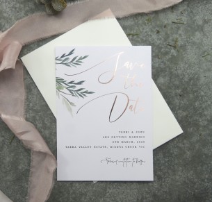 Save the date rose gold and gold metallic foil rules of attraction