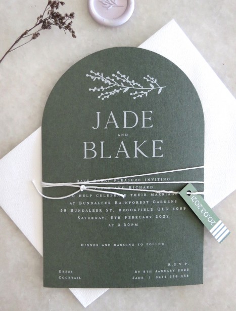 arch + white ink sage invitation