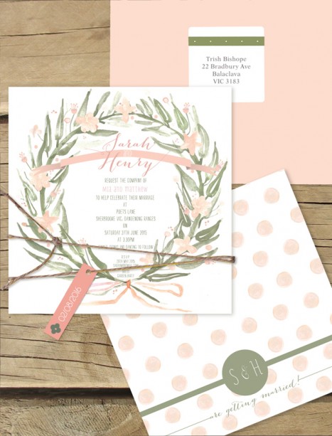 Watercolour wreath flat card invitation